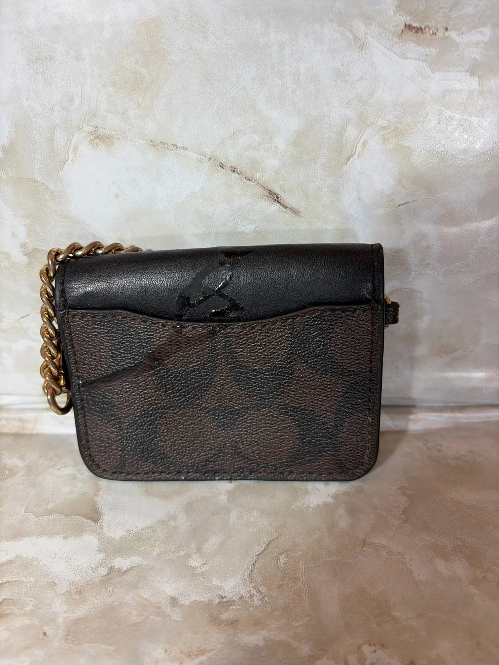 Coach Signature Mini Wallet on Chain Brown Black Canvas Leather Card Holder - Picture 2 of 4
